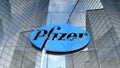 Editorial Pfizer logo on glass building.