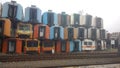 For editorial use only, 28 october 2018, nobody seen, stack of colorful used corrosive train wagon, at purwakarta train station, w