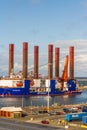 Editorial, wind turbine installation vessel WTIV specifically designed for the installation of offshore wind turbines, Copyspace Royalty Free Stock Photo