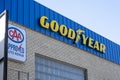 A sign of a Goodyear location. A manufacture of tires for passenger vehicles, commercial Royalty Free Stock Photo