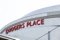 A close up to a Rogers Place a multi-use indoor arena in Edmonton, Alberta, Canada