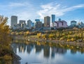 Edmonton, Canada, October 7, 2023: View to downtown in fall season with blue sky