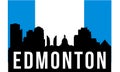 Edmonton City skyline and landmarks silhouette, black and white design with flag in background, vector illustration Royalty Free Stock Photo