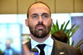 Eduardo Bolsonaro`s face in an interview at CPAC BRASIL in Campinas