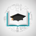 Eduation online concept book and graduation cap school background