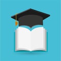 Eduation online concept book and graduation cap school background