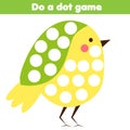 Eduational children game. Do a dot for kids and toddlers. Animals theme, cartoon bird