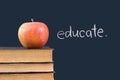 Educate on chalkboard with apple & books Royalty Free Stock Photo