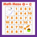 Educatiional children game. Mathematics maze. Labyrinth with numbers. Counting from one to ten. Halloween theme activity for Royalty Free Stock Photo