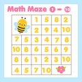 Educatiional children game. Mathematics maze. Labyrinth with numbers from one to ten. Help bee find flower