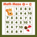 Educatiional children game. Mathematics maze. Labyrinth with numbers from one to ten. Help sqiurrel find food