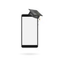 Education app, smartphone with graduation cap, screen blank. Online learning. Vector template illustration Royalty Free Stock Photo