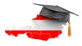 Education in Austria concept. Austrian map with graduate cap, 3D rendering