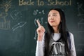 Asian school girl in uniform with backpack on classroom pointing up finger on blackboard Royalty Free Stock Photo