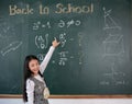 Asian school girl in uniform with backpack on classroom pointing up finger on blackboard Royalty Free Stock Photo