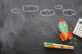 Education. Back to school concept. rocket cut from paper and painted over blackboard background. top view, flat lay