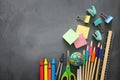 Education and back to school concept. stationery over classroom blackboard. top view, flat lay Royalty Free Stock Photo