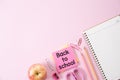 Education or back to school Concept. Top view of Colorful school supplies with books, color pencils, calculator, pen cutter clips Royalty Free Stock Photo