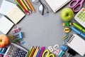 Education or back to school Concept. Top view of Colorful school supplies with books, color pencils, calculator, pen cutter clips Royalty Free Stock Photo