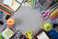 Education or back to school Concept. Top view of Colorful school supplies with books, color pencils, calculator, pen cutter clips Royalty Free Stock Photo