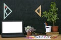 Education background. Back to school concept. Laptop with blank screen on the table. Royalty Free Stock Photo