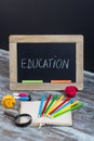 education background with special school supplies, end of holiday, new start Royalty Free Stock Photo