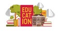 Education banner, poster vector illustration. Pile of books. Knowledge, learning. School, college or university building