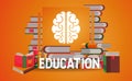 Education banner, poster vector illustration. Pile of books, open and closed. Knowledge, learning. Brain sign. Studying