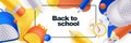 Education banner or poster white background. Vector 3d realistic illustration of school rucksack, pencils, alarm clock Royalty Free Stock Photo