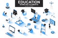 Education bundle of isometric elements. Academic cap, online library, studying student, distance learning, webinar, homework