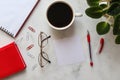 Education and business concept. Working space with different office tools on marble background with copy space. Top view, flat lay Royalty Free Stock Photo