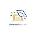 Education certificate, learning courses, graduation hat line icon