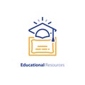 Education certificate, learning courses, graduation hat line icon Royalty Free Stock Photo