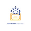 Education certificate, learning courses, graduation hat line icon