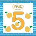 Education for children. Learning numbers, mathematics. Card with number 5 five.