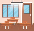 education classroom with desks and window with door