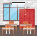 education classroom with lockers and desk with window