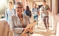 Education clipboard, students and portrait of teacher happy on college campus for coaching, teaching and learning Royalty Free Stock Photo