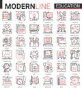 Education complex concept thin red black line icon vector set with outline infographic school, laboratory or university Royalty Free Stock Photo