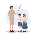 Education concept. Angry teacher Reprimand student. Thai teacher woman give punishment to her student. Flat vector cartoon