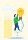 Education concept about back to school icons. A man holding a glowing light bulb. New idea