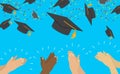 Education Concept Background. Graduation caps and confetti. vector illustration