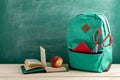 blue backpack, school supplies and book on the background of the blackboard Royalty Free Stock Photo