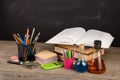 Education concept - books on the desk in the auditorium Royalty Free Stock Photo