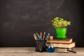 Education concept - books on the desk in the auditorium Royalty Free Stock Photo