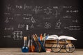 Education concept - books on the desk in the auditorium Royalty Free Stock Photo