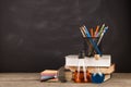 Education concept - books on the desk in the auditorium Royalty Free Stock Photo