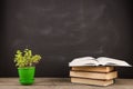 Education concept - books on the desk in the auditorium Royalty Free Stock Photo