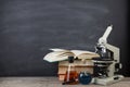 Education concept books on the desk in the auditorium Royalty Free Stock Photo