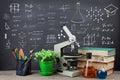 Education concept books on the desk in the auditorium Royalty Free Stock Photo